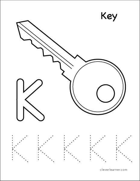Letter K is for Key coloring worksheet for preschool