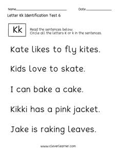 Quality printable worksheets on Letter K identification