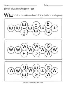 Free letter W identification sheet for preschool