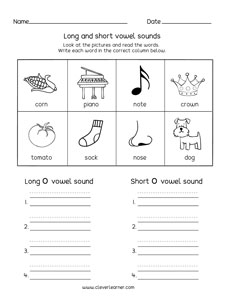 long and short vowel O printables