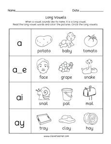 Long vowel A sound kindergarten worksheets