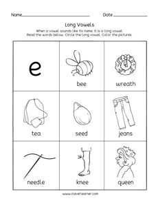 Long vowel E sound activity sheets