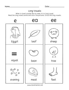Long vowel E sound kindergarten activity worksheets