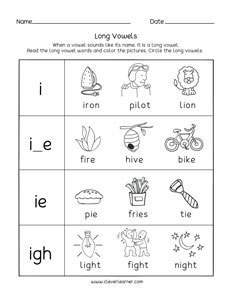 Long vowel 1 sound first grade activity sheets