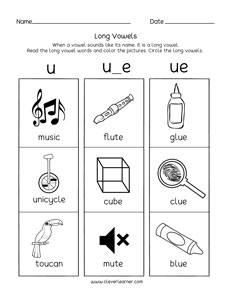 Long vowel u sound activity sheets for preschools