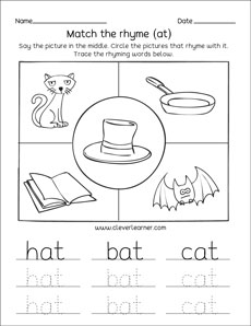 hat cat bat family rhyme words tracing printables