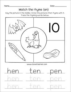 hen ten pen family rhyme words tracing printables