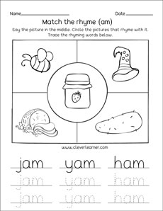jam yam ham family rhyme words tracing printables