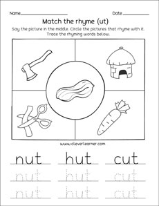 nut hut cut family rhyme words tracing printables