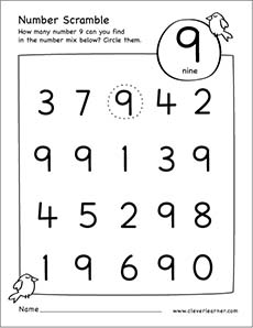Free printable scramble number nine activity