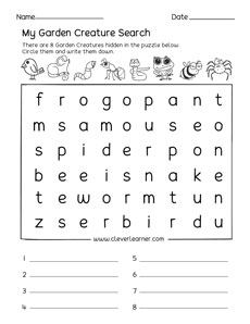 preschool garden creatures  activity sheet