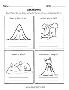 Landforms identification worksheets for kindergarten