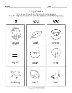 Long vowel E sound kindergarten activity worksheets