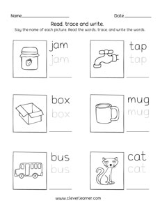 Kindergarten three letter words tracing and writing sheets
