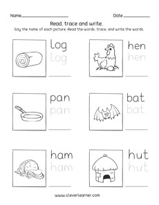 Kindergarten three letter words tracing and writing printables