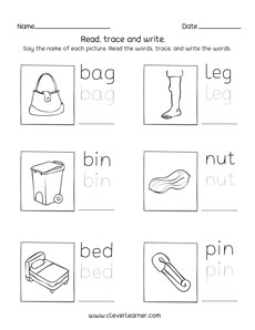 First grade three letter words tracing and writing sheets