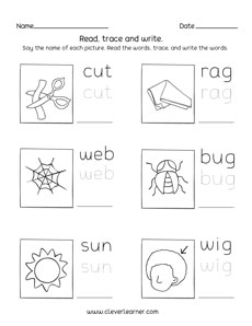Kindergarten 3 letter picture sight-words tracing and writing sheets