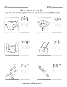 Free Kindergarten three letter words tracing and writing prints